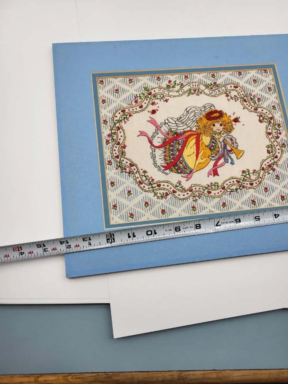 Vintage Herald Angel Embroidered needlepoint picture Textured Joy to the world